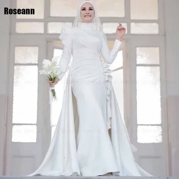 Мюсюлмански дизайн с висока яка 2024 Сватбени рокли на Русалка с подвижен пискюл и влак с Дължина до пода Рокля на булката robe de mariée