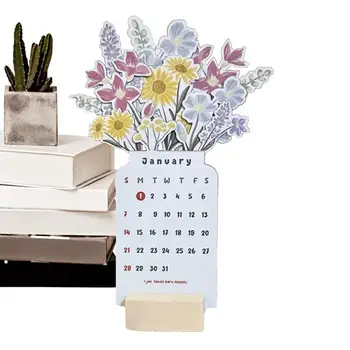 Настолен календар цветя на 2024 2024 година с флорални мотиви Преносим календар на дървена основа, напомняния за разписанието на работния плот за масата за хранене