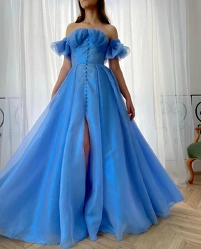Небето-синьо Марокански вечерни рокли Трапецовидна форма с открити рамене, дълъг разрез от тюл, Турция, Дубай, Саудитска Арабия, рокля за абитуриентски бал, рокля