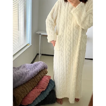 Нова Фланелевая пижами, Зимата на топло през нощта рокля, Дамски Модерни нощни ризи, Однотонное Дълго жаккардовое рокля 2023, нощница голям размер