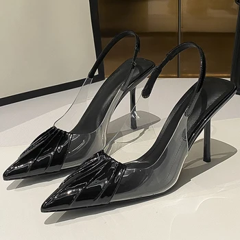 Нови летни дамски сандали на висок ток, модни кухи сандали от PVC с остри пръсти и плиссированным пръсти отзад, универсална обувки