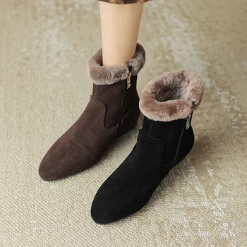 Нови обувки от волска кожа, велур, дамски зимни обувки, ежедневни обувки на нисък ток с високо качество, женски ботильоны, зимни обувки за жени