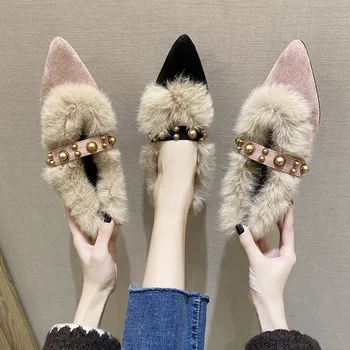 Новост зимата 2024, Женски Лоферы с остри пръсти и нитове на дебелите обувки с токчета в ретро-британския стил, топли ежедневни слипоны, Масивна дамски обувки за краката