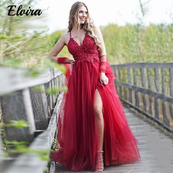 Очарователно червено вечерна рокля трапецовидна форма за жени на бала нощ, секси V-образно деколте, апликации, бретельки-спагети, вечерни рокли 2024