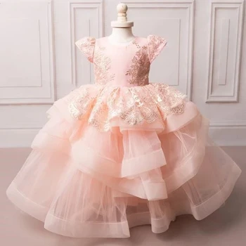 Прекрасно светло розова рокля за момичета, цветенце за сватба Апликация от тюл Пищни многопластови лък Рокля за първия Евхаристического рожден ден на детето