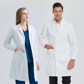 Приятна за кожата дълъг бял халат с къс ръкав, облекло за лекари с дълъг ръкав, мъжки и дамски козметична дрехи, дрехи за стоматолози, пластмасов панел