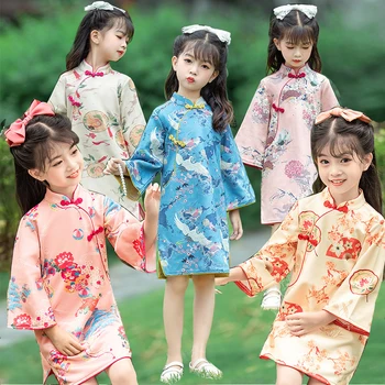 Пролетно-есенен костюм Ципао с флорални принтом в китайски стил за момиченца от 1 до 10 години, рокля със свободни ръкави и бродерии, подарък за рожден ден