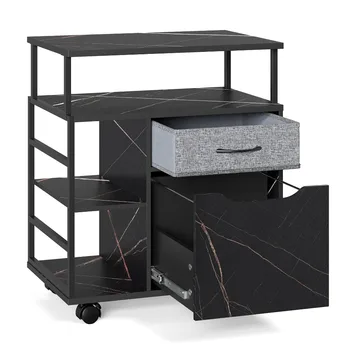 Пътуваща кухня количка за съхранение с открити рафтове и чекмеджета, дърво и метал, черен мрамор