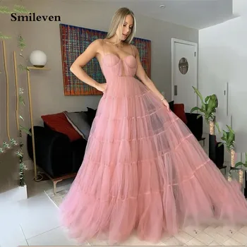 Работа-розови рокли за бала на спагети презрамки Smileven, на няколко Нива, вечерни рокли с плисета с Дължина до пода рокля за бала 2023