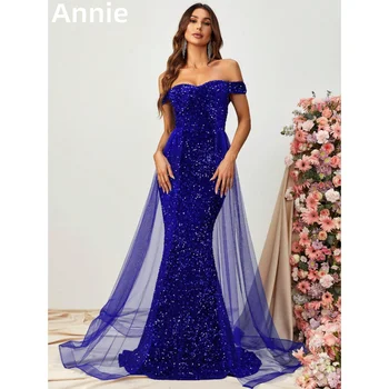 Рокли за бала Ани Royal Blue, Луксозни Вечерни рокли с пайети Русалка, Тюлевое вечерна рокля с открити рамене, 2024 Robes De Soirée