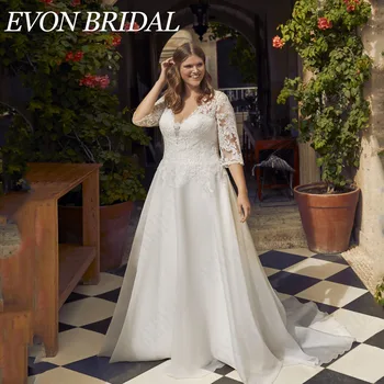 Сватбена рокля EVON Bridal A-Line на Размера на Плюс С V-образно деколте И Аппликацией, Ръкави 3/4, Тюлевое на Булката Рокля С Копчета Отзад, Сватбени рокли 2024