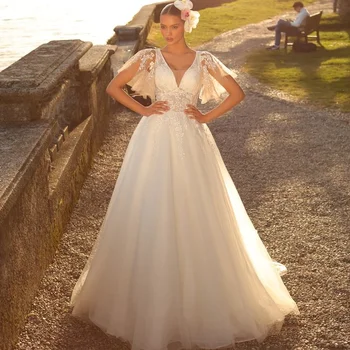 Сватбена рокля с V-образно деколте Трапецовидна форма Princess Vestidos De Новия, Подвижни сватбени рокли с къс ръкав и дантелен аппликацией, струята с стреловидным влак