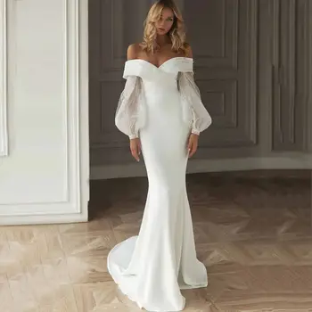 Сватбени рокли на Русалка С Дълги Буйни Ръкави 2024 Г. С Открити Рамене, Придворен Струята, Сатен Сватбени Рокли Glam Princess Vestido De Новия