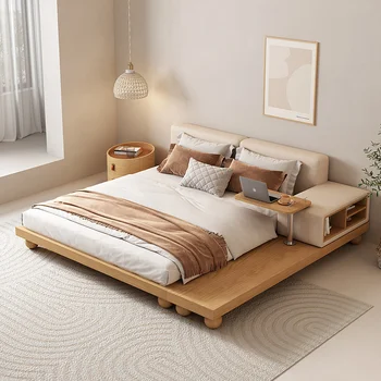 Скандинавска легло-татами, японски сметана стил, богат на функции двойно легло с крака от масивна дървесина, брачното легло с дължина 1,8 м