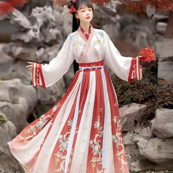 Традиционно китайското ханфу за жени, стари рокли, Рокля източна принцеса, Дрехи за ориенталски танци, синьо и червено, на династията Тан