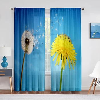 Тюлевые завеси с цветове от глухарче и маргаритки за декор за хола и спалнята, сини завеси от прозрачен воал, модерна прозорец завеса с принтом