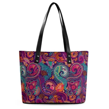 Цветни торбички с принтом Пейсли, ретро-цветна чанта-тоут с цип, реколта чанта през рамо от изкуствена кожа, дамски пътни чанти за ръце.