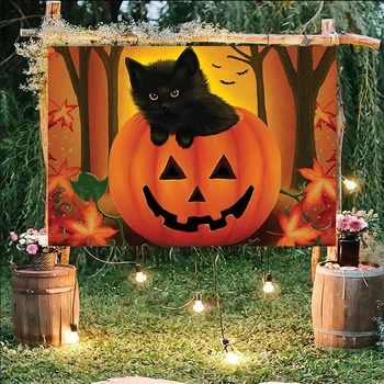 Честит Хелоуин Джак-o-Фенер Черна Котка на Фона на Гробището Тиква Банер С бухалка От Духове Къща Украса За Парти Снимка